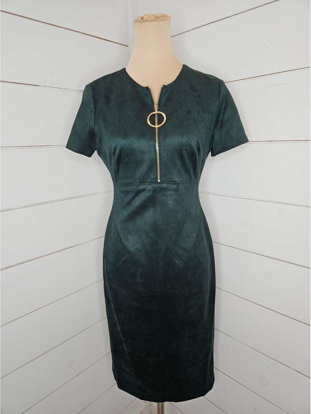 Calvin Klein size 6 green faux suede midi dress with gold zipper at chest